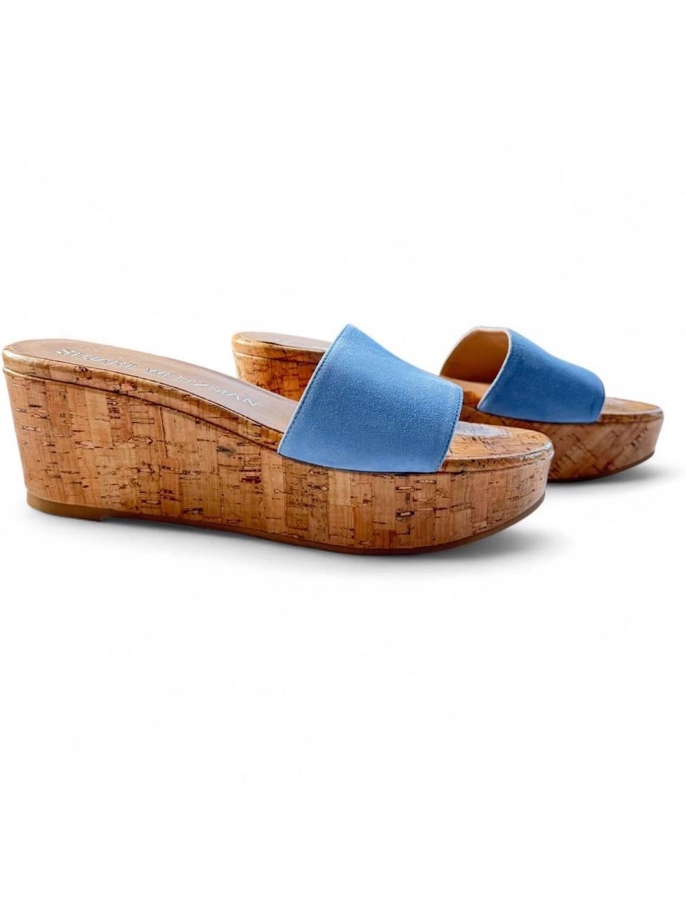 Stuart Weitzman Blue Suede Wedge Platform Slides Sandals NWOB Size 8 2.75" Heel